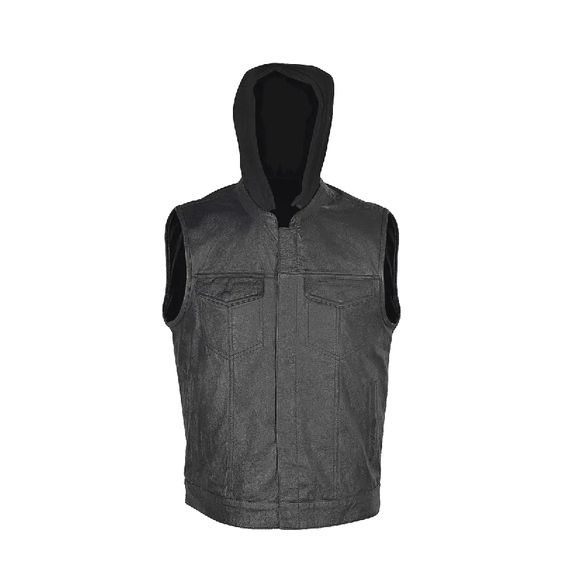 VL914H Zipper and Snap Closure Leather Motorcycle Club Vest with Hoodie and 2 Gun Pockets