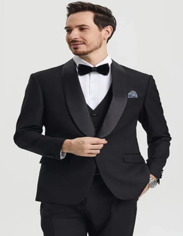 Black Tuxedo - Mens Wedding Suit Vested One Button - Black Prom Suit