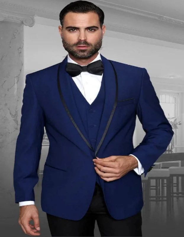 Blue Prom Suit - Blue Homecoming Outfits For Guys Matching Vest and Black Flat Front Pant Sapphire