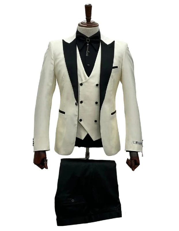 Giovanni Testi Suits With Double Breasted Vest - 3 Pieces Ivory and Black Peak Lapel Suit