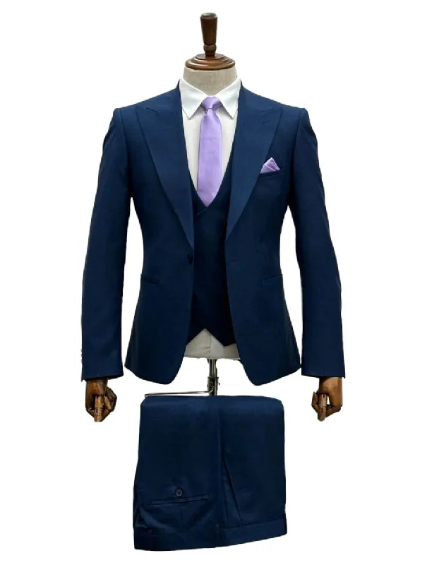 Giovanni Testi Suits With Double Breasted Vest - 3 Pieces Navy Peak Lapel Suit