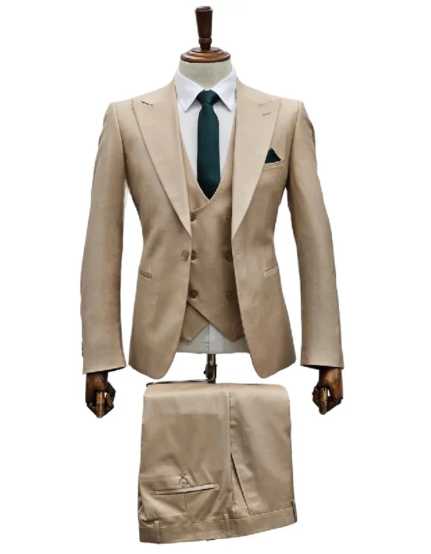 Giovanni Testi Suits With Double Breasted Vest - 3 Pieces Suit Tan Peak Lapel Suit