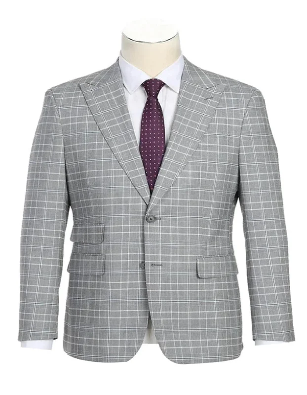 Light Grey Suit - Silver Gray Suit For Wedding - Mens Designer Two Button Slim Fit Peak lapel Smoke Windowpane Plaid Suit