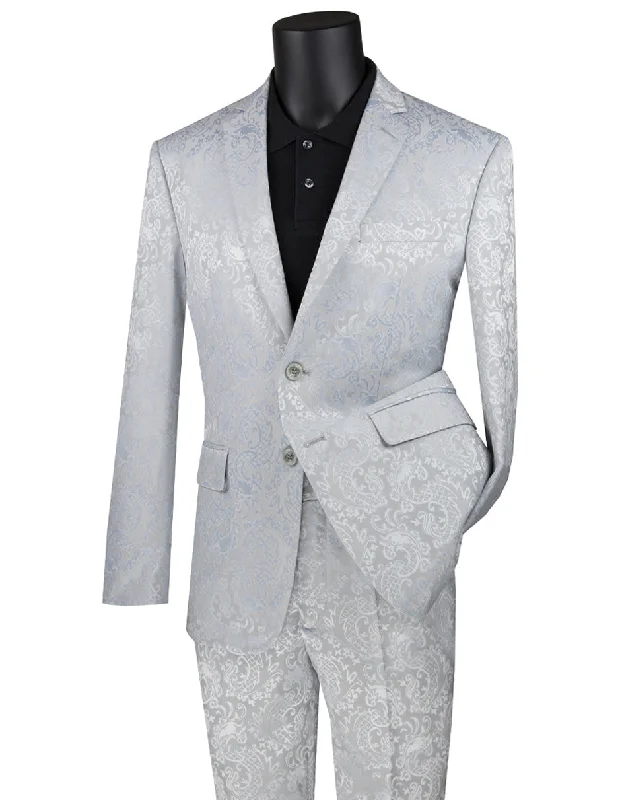 Mens 2 Button Slim Fit Paisley Prom Suit in Silver