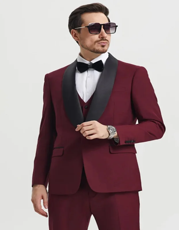 Mens Burgundy Prom Tuxedo - Maroon Wedding Dinner Designer Suit