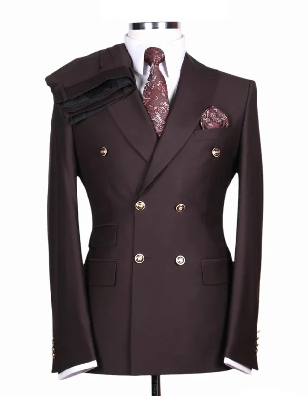 Mens Designer Modern Fit Double Breasted Wool Suit with Gold Buttons in Brown