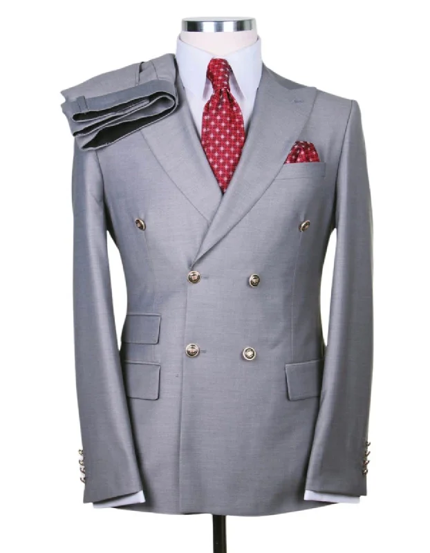 Mens Designer Modern Fit Double Breasted Wool Suit with Gold Buttons in Light Grey