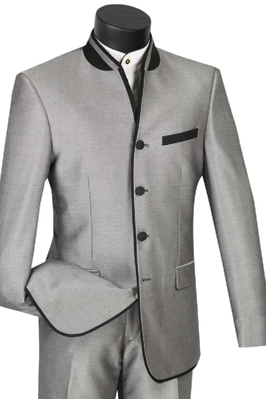 Mens Gray Tuxedo - Grey Wedding Suit-Mens 4 Button Mandarian Banded Trim Tuxedo  In Grey