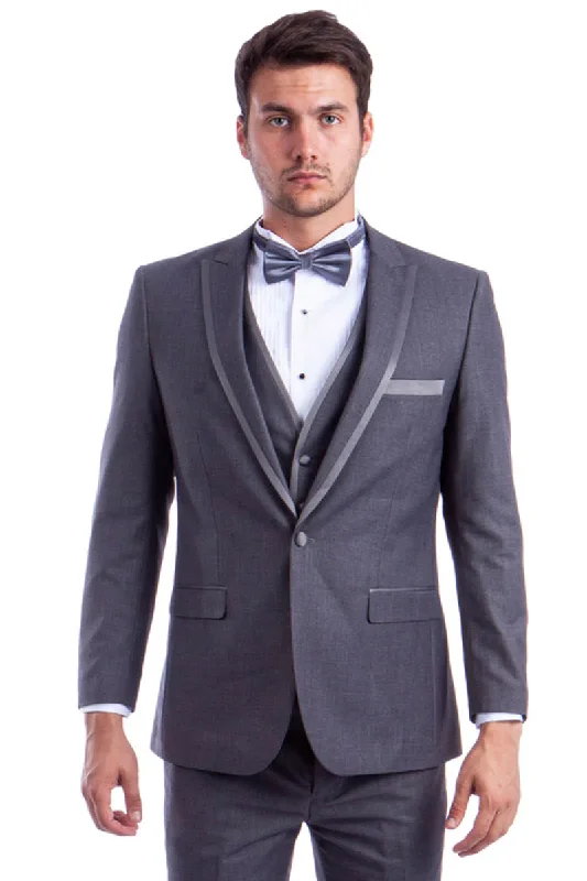 Mens Gray Tuxedo - Grey Wedding Suit-Mens One Button Peak Wedding Tuxedo With Satin Trim In Grey