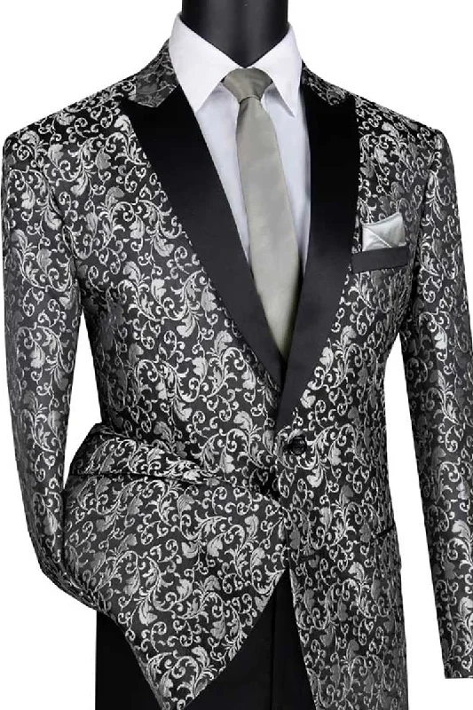 Mens Gray Tuxedo - Grey Wedding Suit-Mens Paisely Embroidered Regular Fit Sport Coat Tuxedo In Silver Grey