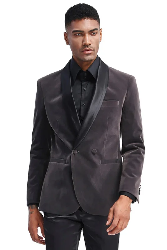 Mens Gray Tuxedo - Grey Wedding Suit-Mens Slim Fit Double Brested Velvet Smokin Jacket In Grey