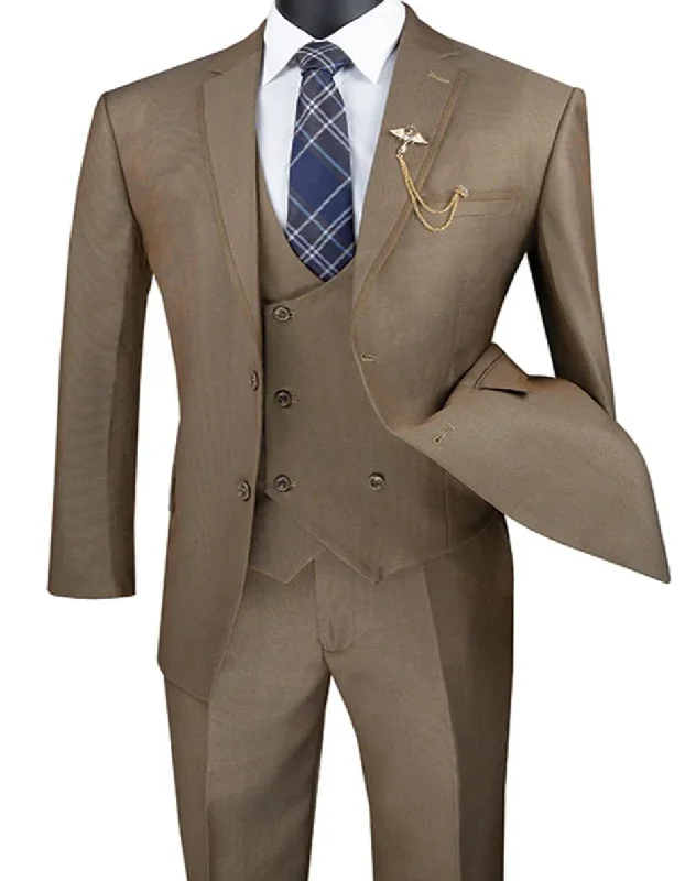 Mens Khaki Color Tuxedo - Mens Modern Fit Tuxedo Suit with Double Breasted Khaki Satin Trim Vest