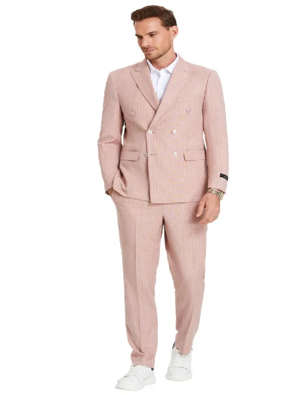 Mens Rose Tuxedo - Men's Slim Fit Double Breasted Summer Pastel Rose Pink Pinstripe Suit