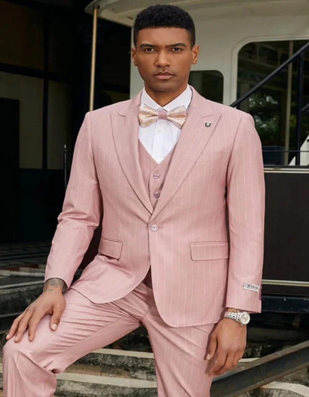 Mens Rose Tuxedo - Men's Stacy Adam's One Button Vested Modern Rose Pink Pinstripe Suit