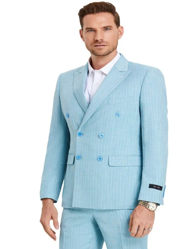 Mens Slim Fit Double Breasted Summer Teal Blue Pinstripe Pastel Suit