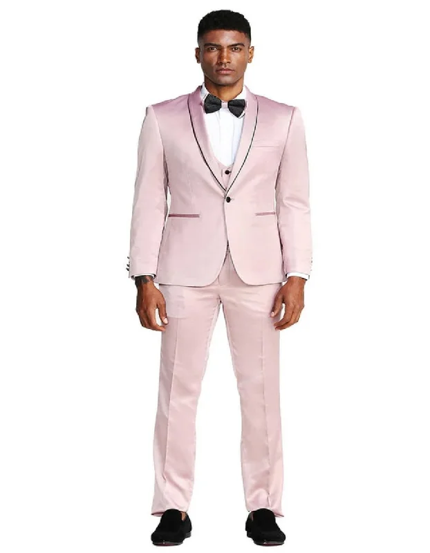 Men's Slim Fit Vested Shiny Satin Prom & Wedding Rose Pink Tuxedo Suit