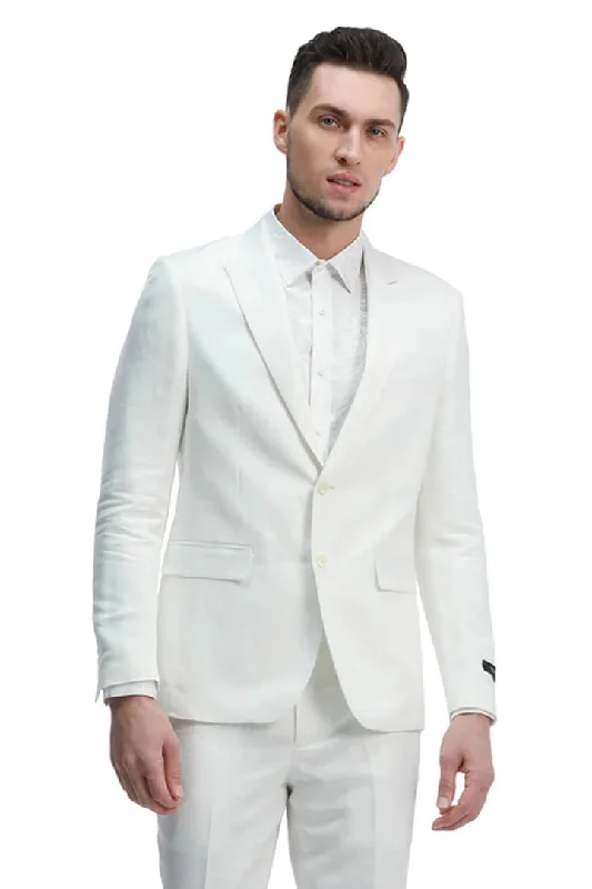 Men's Two Button Peak Lapel Summer Linen Style Beach Wedding Suit in White