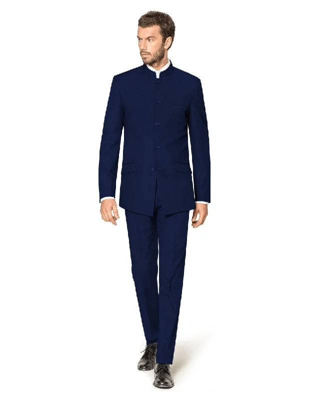 Navy Blue Wedding Tuxedo Suit Color - Groom Suit Banded Collar Mandarin Suit