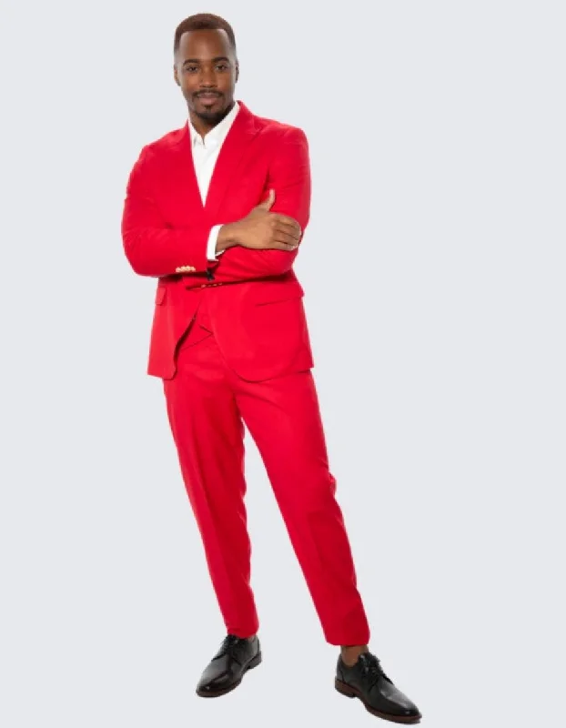 Red Skinny Fit Suit Three Piece Set with Double Breasted Vest - Wedding - Prom