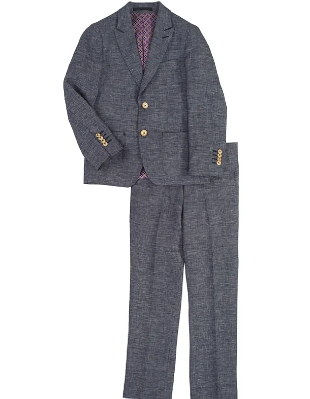 Boys 2 Button Peak Lapel Linen Summer Wedding Suit in Navy