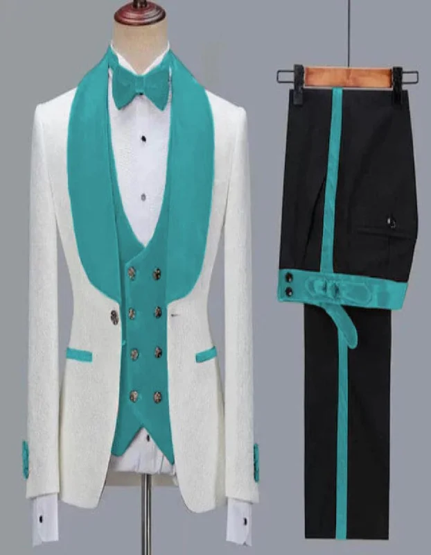 White and Teal Green Lapel Tuxedo - Wedding Suit